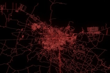Street map of Herat (Afghanistan) made with red illumination and glow effect. Top view on roads network. 3d render, illustration - obrazy, fototapety, plakaty