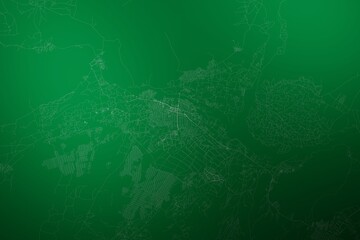 Map of the streets of Jelalabad (Afghanistan) made with white lines on abstract green background lit by two lights. Top view. 3d render, illustration - obrazy, fototapety, plakaty
