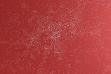 Map of the streets of Yerevan (Armenia) made with white lines on red paper. Top view, rough background. 3d render, illustration