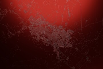 Street map of Mashhad (Iran) engraved on red metal background. Light is coming from top. 3d render, illustration