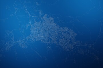 Stylized map of the streets of Tabriz (Iran) made with white lines on abstract blue background lit by two lights. Top view. 3d render, illustration - obrazy, fototapety, plakaty
