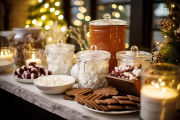 Foto op Plexiglas Intimate capture of a gourmet hot chocolate station, complete with a variety of premium chocolates, flavored syrups, and artisan marshmallows © Idressart
