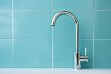 Faucet and sink in a blue bathroom, closeup white tiles. Lack of water, shutdown. water supply. Stylish kitchen renovation. Order. Sink - obrazy, fototapety, plakaty