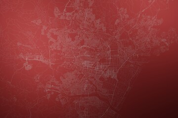 Map of the streets of Sendai (Japan) made with white lines on abstract red background lit by two lights. Top view. 3d render, illustration
