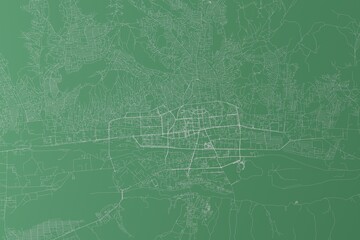 Stylized map of the streets of Ulanbaatar (Mongolia) made with white lines on green background. Top view. 3d render, illustration - obrazy, fototapety, plakaty