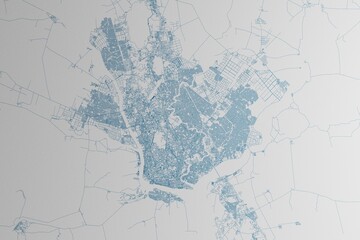 Map of the streets of Yangon (Myanmar) made with blue lines on white paper. 3d render, illustration