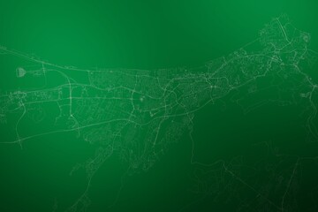 Map of the streets of Mascat (Oman) made with white lines on abstract green background lit by two lights. Top view. 3d render, illustration - obrazy, fototapety, plakaty