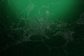 Street map of Daegu (South Korea) engraved on green metal background. Light is coming from top. 3d render, illustration - obrazy, fototapety, plakaty