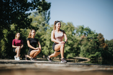 Active females in a city park, enjoying outdoor training and stretching exercises. Friends staying fit, healthy, and happy in the natural environment.