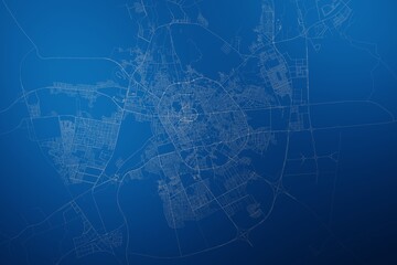 Stylized map of the streets of Medina (Saudi Arabia) made with white lines on abstract blue background lit by two lights. Top view. 3d render, illustration - obrazy, fototapety, plakaty
