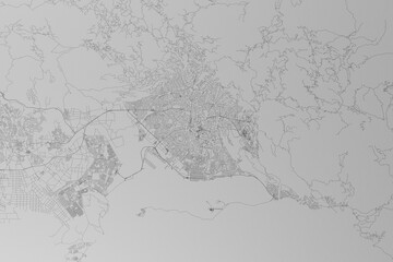 Map of the streets of Kingston (Jamaica) made with black lines on grey paper. Top view. 3d render, illustration