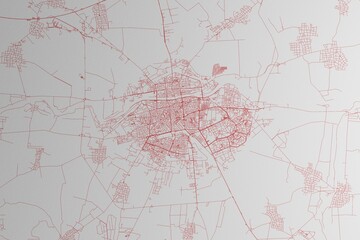 Map of the streets of Plovdiv (Bulgaria) made with red lines on white paper. 3d render, illustration