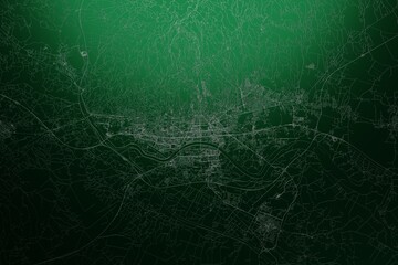 Street map of Zagreb (Croatia) engraved on green metal background. Light is coming from top. 3d render, illustration - obrazy, fototapety, plakaty