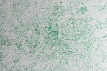 Map of the streets of Dortmund (Germany) made with green lines on white paper. 3d render, illustration