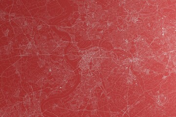 Map of the streets of Duisburg (Germany) made with white lines on red paper. Top view, rough background. 3d render, illustration