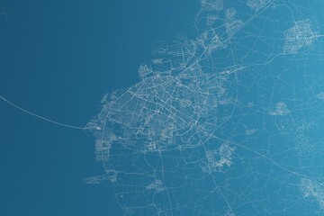 Map of the streets of Malmo (Sweden) made with white lines on blue paper. Rough background. 3d render, illustration