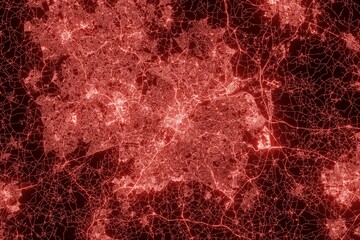 Street map of Birmingham (UK) made with red illumination and glow effect. Top view on roads network. 3d render, illustration
