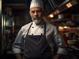 chef in a kitchen, culinary atmosphere, warm tones, focused gaze, rich textures of food and utensils