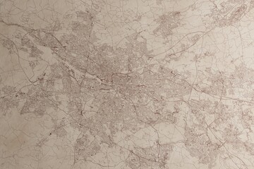 Map of Glasgow (UK) on an old vintage sheet of paper. Retro style grunge paper with light coming from right. 3d render