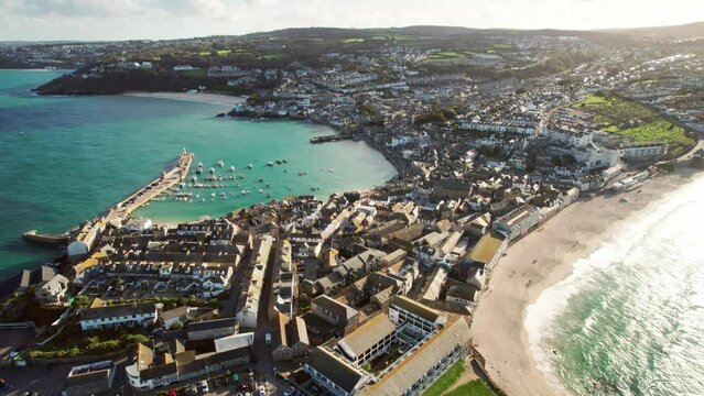St Ives Drone Aerial Decending Shot Afternoon Sun