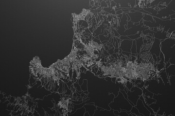 Street map of Vina del Mar (Chile) on black paper with light coming from top