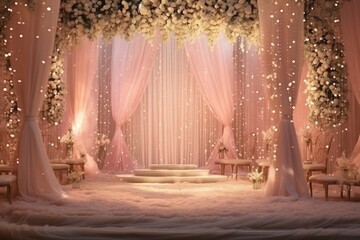 A dreamy stage embellished with fairy lights, sheer fabric, and pastel-hued decorations, radiating a romantic atmosphere. - obrazy, fototapety, plakaty