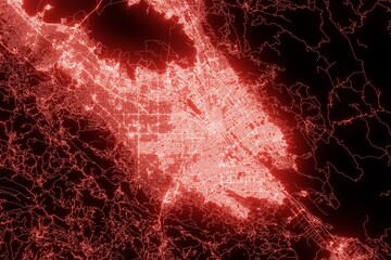 Street map of San Jose (California, USA) made with red illumination and glow effect. Top view on roads network. 3d render, illustration - obrazy, fototapety, plakaty