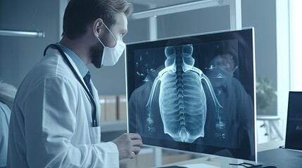 a doctor diagnosing a patient's condition, specifically focusing on asthma, lung disease, coronavirus, or bone cancer, using a chest X-ray film for medical care in hospitals. - obrazy, fototapety, plakaty