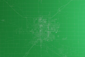 Map of the streets of Bloomington (Illinois, USA) made with white lines on green paper. Rough background. 3d render, illustration