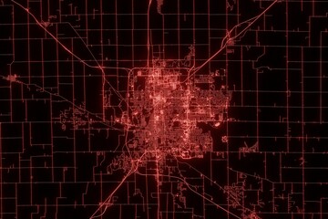 Street map of Bloomington (Illinois, USA) made with red illumination and glow effect. Top view on roads network. 3d render, illustration - obrazy, fototapety, plakaty
