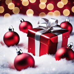 Christmas Gifts box on a snowy background, A bokeh background effect.