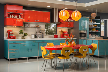 kitchen midcentury modern design, characterized by clean lines and iconic shapes, bright color from 60s and 70s