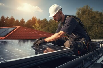 Professional worker installing solar panels on the roof of a house 