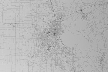 Map of the streets of Lafayette (Louisiana, USA) made with black lines on grey paper. Top view. 3d render, illustration