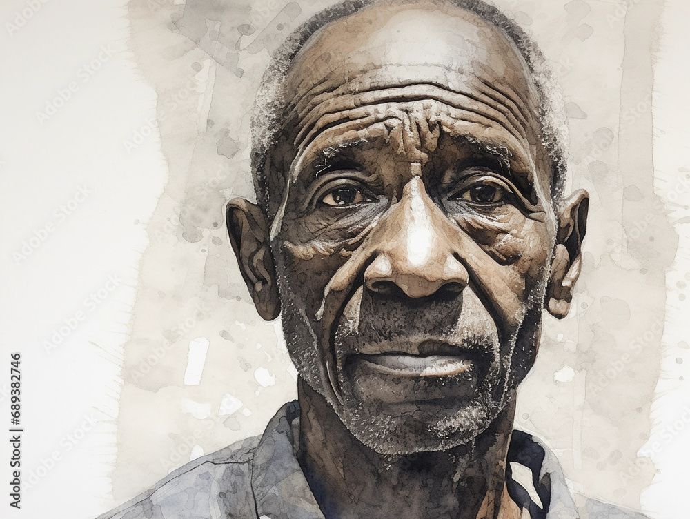 Wall mural ink portrait of an elderly Black man, textured skin, wise eyes, detailed facial lines, high contrast - Wall murals