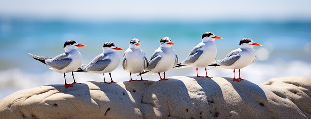 Fototapeta premium common terns on the beach, showcasing their natural behavior and habitat, emphasizing the simplicity and beauty of these coastal birds.