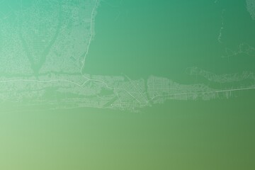 Map of the streets of Cotonou (Benin) made with white lines on yellowish green gradient background. Top view. 3d render, illustration