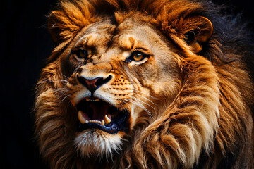 Ai generated, Lion king face angry roaring wild animal photography illustration. - obrazy, fototapety, plakaty