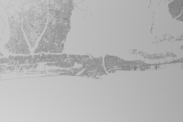 Map of the streets of Cotonou (Benin) made with black lines on grey paper. Top view. 3d render, illustration
