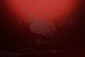 Street map of Porto Novo (Benin) engraved on red metal background. Light is coming from top. 3d render, illustration