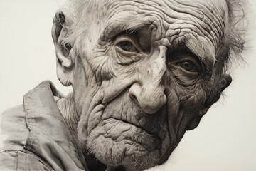 pencil sketch of an elderly man, deep-set eyes, detailed wrinkles, expressive gaze