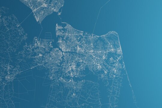 Map of the streets of Norfolk and Virginia Beach (Virginia, USA) made with white lines on blue paper. Rough background. 3d render, illustration