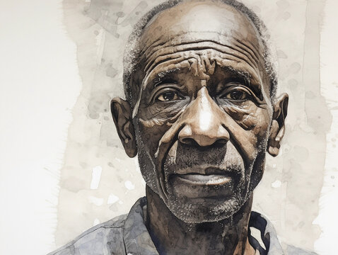 ink portrait of an elderly Black man, textured skin, wise eyes, detailed facial lines, high contrast