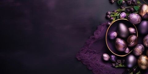Easter banner with painted eggs on dark purple background, copy space 