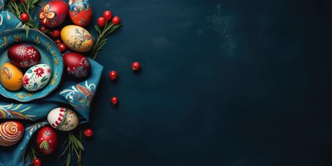Easter banner with painted eggs on dark blue background, copy space 