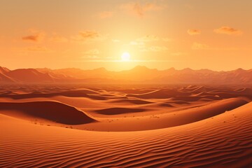 A vast, empty desert landscape at high noon, with the sun beating down on the undulating sand dunes