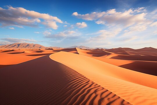 A vast desert expanse at midday, with the sun high in the sky, casting deep shadows on the undulating sand dunes © Creative artist1