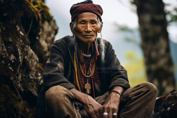 revered elder, wisdom in their eyes, sitting in a timeless landscape, natural light