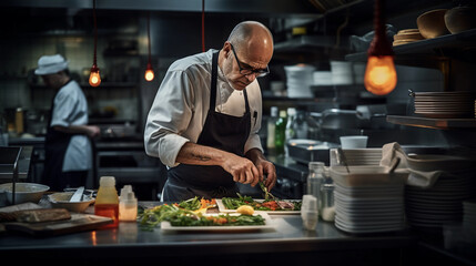 Renowned chef in a bustling kitchen, concentration on a signature dish, vibrant ingredients