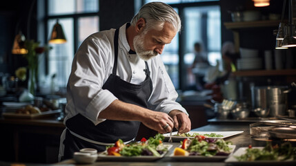 Renowned chef in a bustling kitchen, concentration on a signature dish, vibrant ingredients